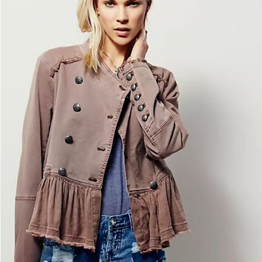 FREE PEOPLE Ruffled Flare Hem Cropped Military Jacket Coat – Small